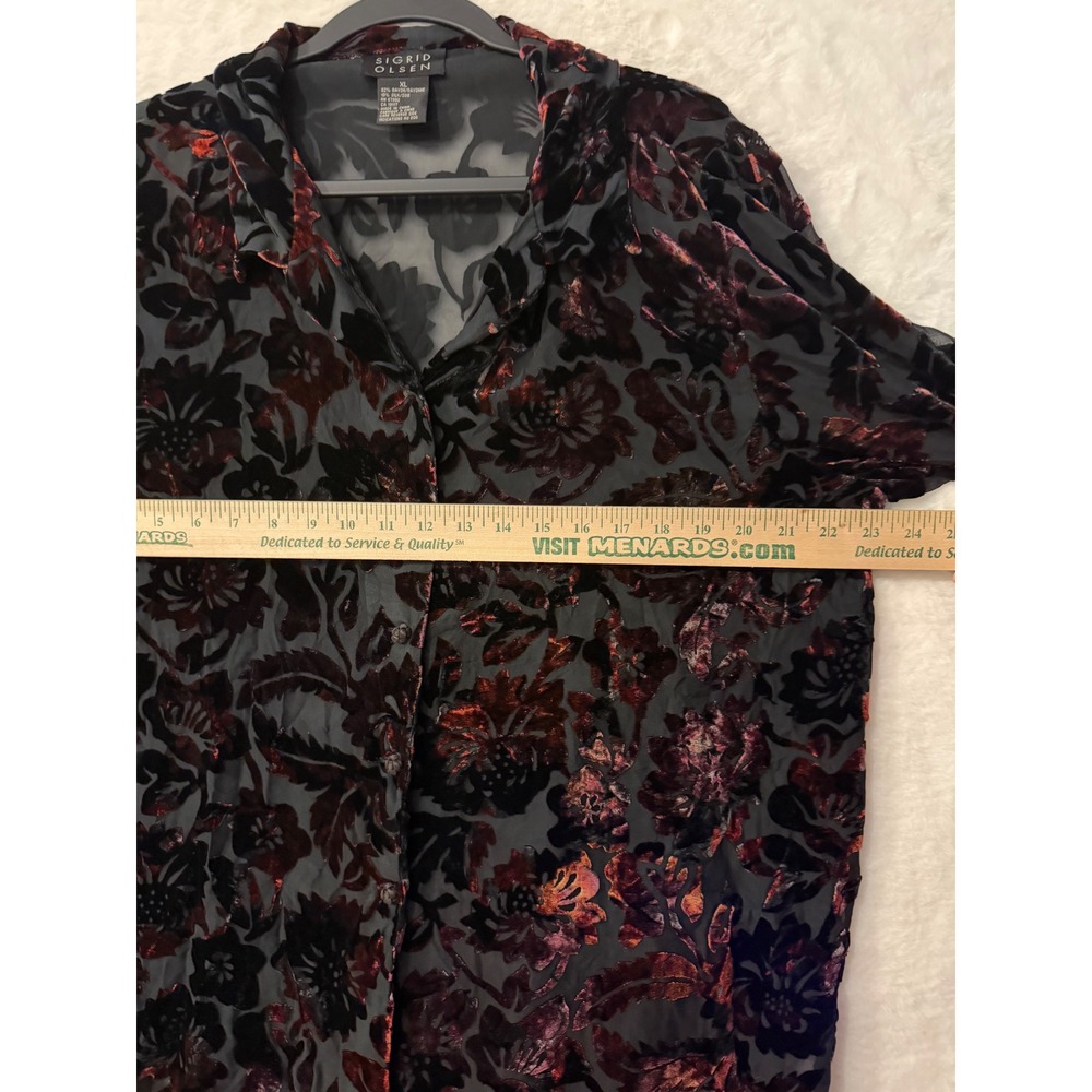 Sigrid Olsen Silk Blend Burnout Velvet Floral Blouse XL Burgundy Black Sheer Top - Picture 7 of 7